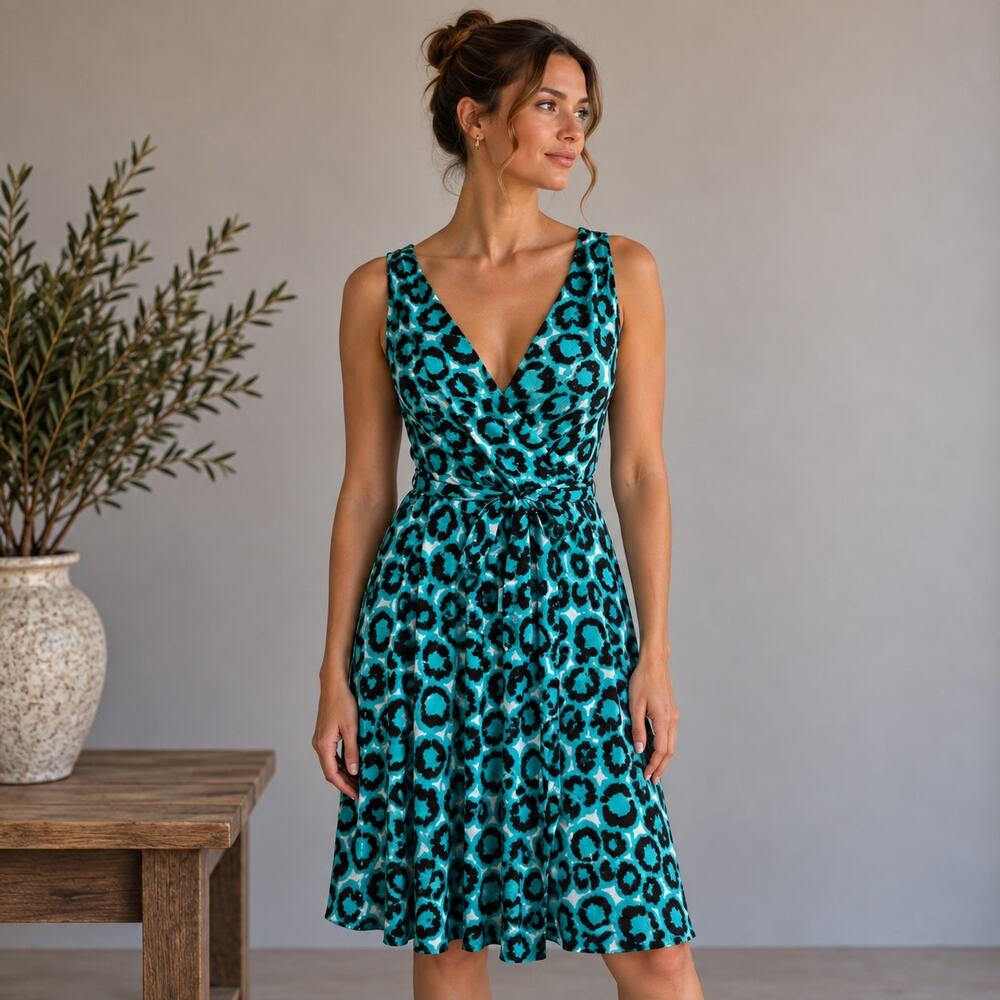 Diane Von Furstenberg Teal Brown White Silk Knit Wrap Dress 6